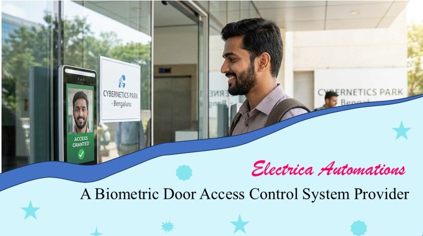 Employee unlocking a secure door using a biometric face recognition reader