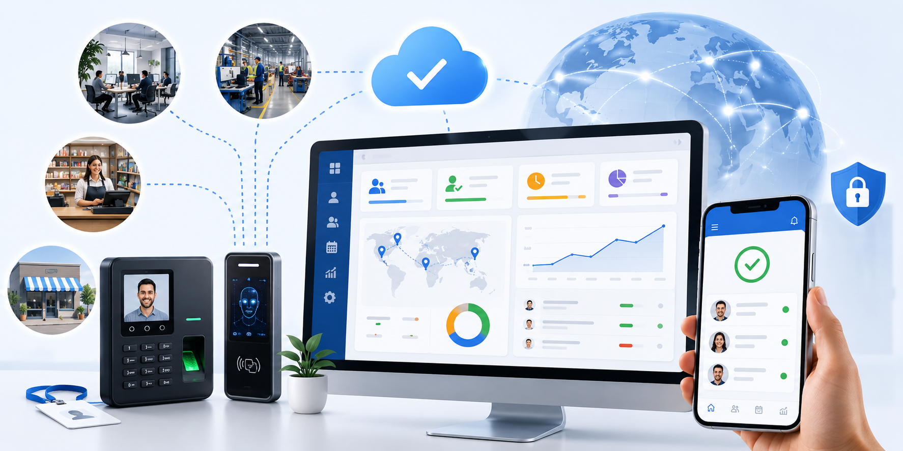 Cloud attendance dashboard showing live employee check-ins